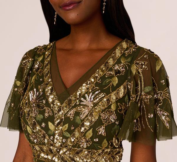 Adrianna Papell Sequin Beaded Ankle Length Dress With Flutter Sleeves In Olive