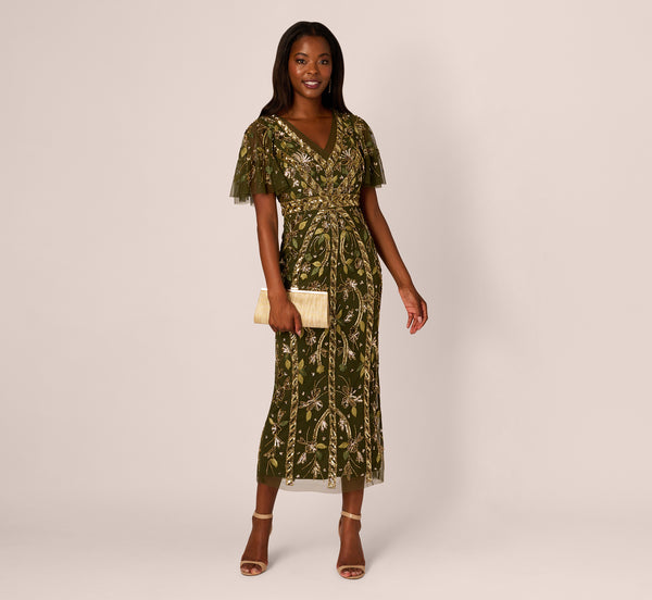 adrianna papell Sequin Beaded Ankle Length Dress With Flutter Sleeves In Olive