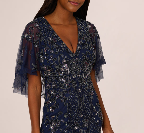 Adrianna Papell Sequin Beaded Gown With Sheer Cape Sleeves In Light Navy