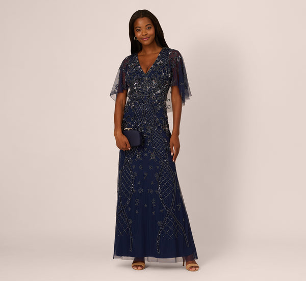 adrianna papell Sequin Beaded Gown With Sheer Cape Sleeves In Light Navy