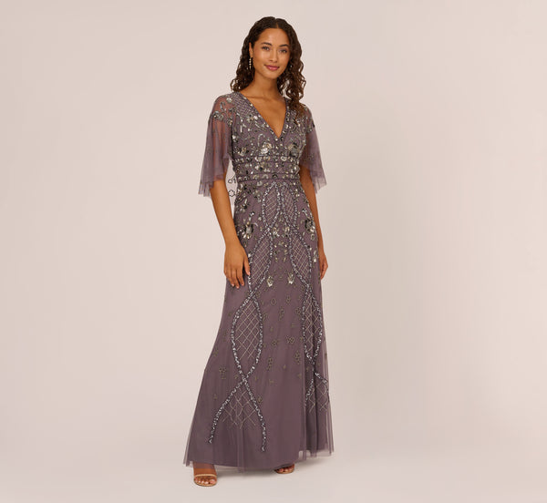 Adrianna Papell Sequin Beaded Gown With Sheer Cape Sleeves In Moonscape