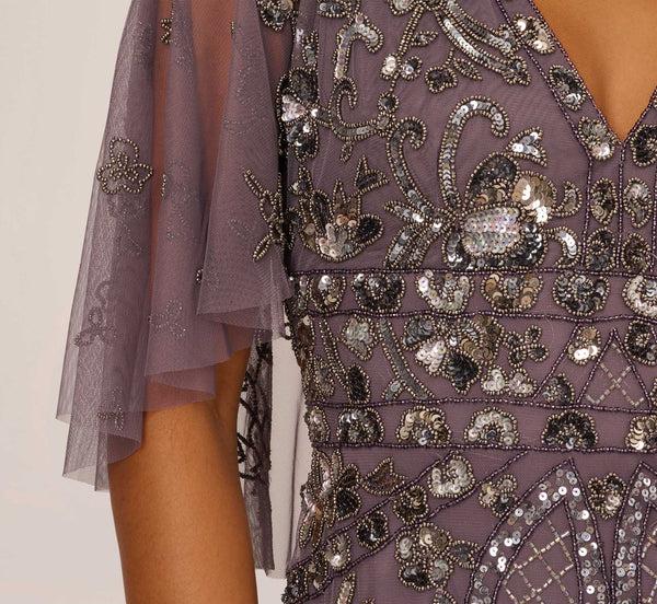Adrianna Papell Sequin Beaded Gown With Sheer Cape Sleeves In Moonscape