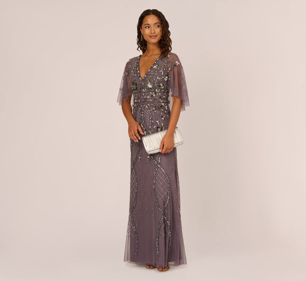 adrianna papell Sequin Beaded Gown With Sheer Cape Sleeves In Moonscape