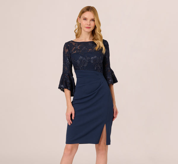 Adrianna Papell Sequin Floral Lace Dress With Sheer Bell Sleeves In Navy