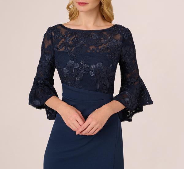 Adrianna Papell Sequin Floral Lace Dress With Sheer Bell Sleeves In Navy