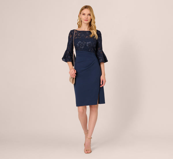 adrianna papell Sequin Floral Lace Dress With Sheer Bell Sleeves In Navy adrianna papell Sequin Floral Lace Dress With Sheer Bell Sleeves In Navy