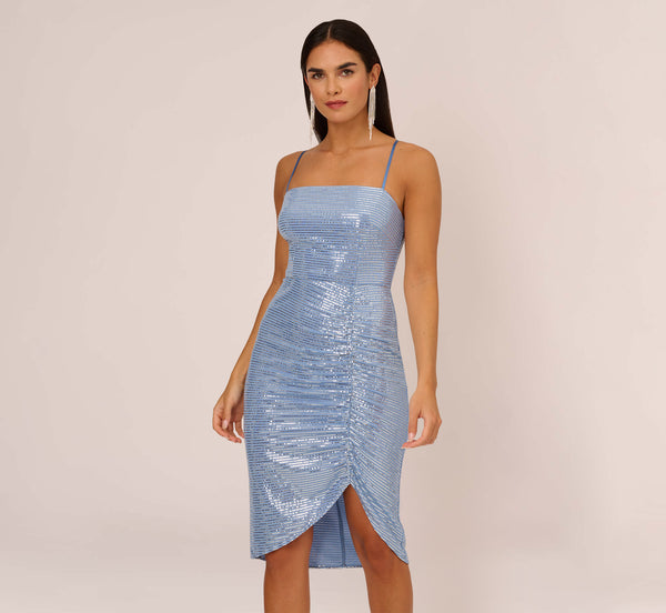 Adrianna Papell Sequin Knit Cocktail Dress With Ruched Details In Air Force