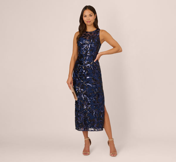 Adrianna Papell Sequin Leaf Halter Column Gown With Sheer Neckline In Navy Black