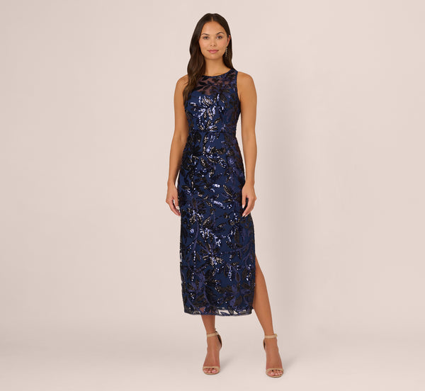 Adrianna Papell Sequin Leaf Halter Column Gown With Sheer Neckline In Navy Black