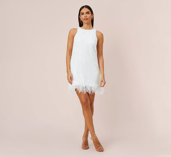 Adrianna Papell Sequined Trapeze Halter Dress With Feather Trim In Ivory