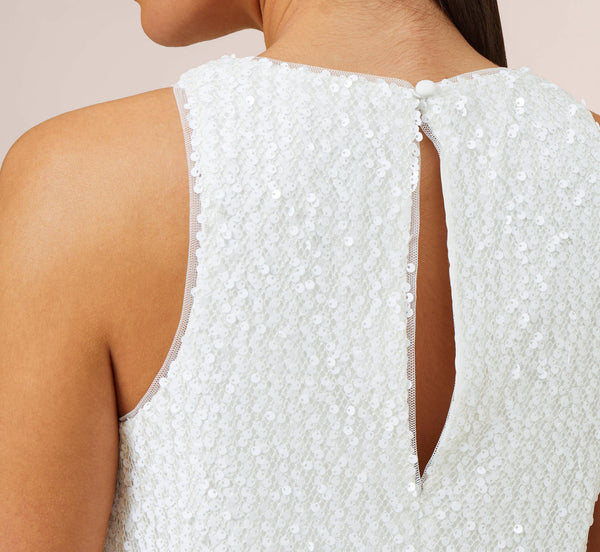 Adrianna Papell Sequined Trapeze Halter Dress With Feather Trim In Ivory