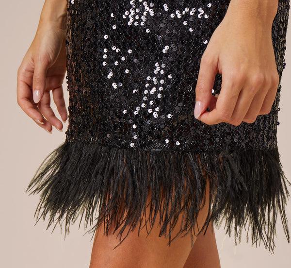 Adrianna Papell Sequined Trapeze Halter Dress With Feather Trim In Black