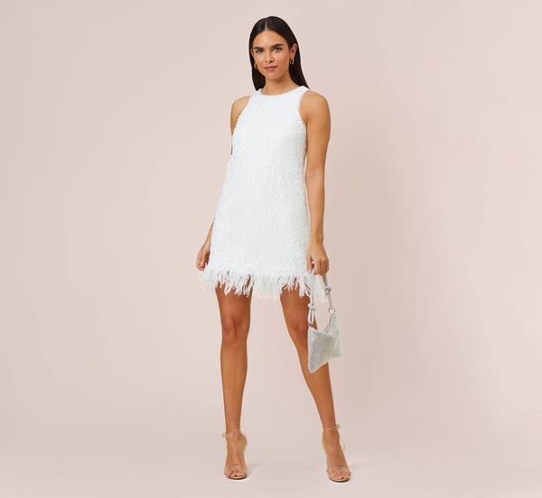 adrianna papell Sequined Trapeze Halter Dress With Feather Trim In Ivory