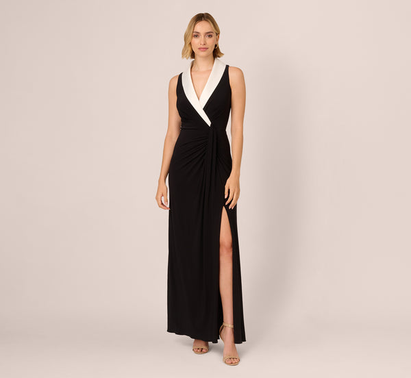 Adrianna Papell Shawl Collar Jersey Gown In Black Ivory