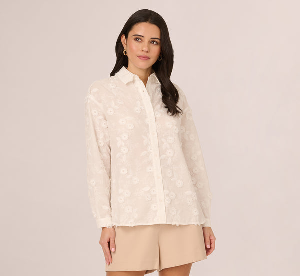 Adrianna Papell Sheer Cotton Floral Button Front Blouse In White