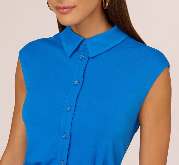 Adrianna Papell Shirred Button Down Jersey Dress With Cap Sleeves In Indigo