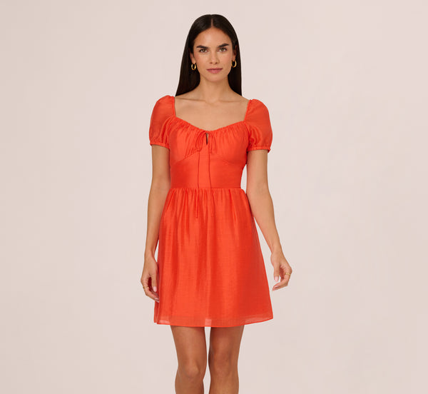 Adrianna Papell Shirred Fit And Flare Dress With Puff Short Sleeves In Orange Spice
