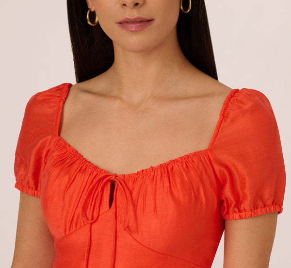 Adrianna Papell Shirred Fit And Flare Dress With Puff Short Sleeves In Orange Spice