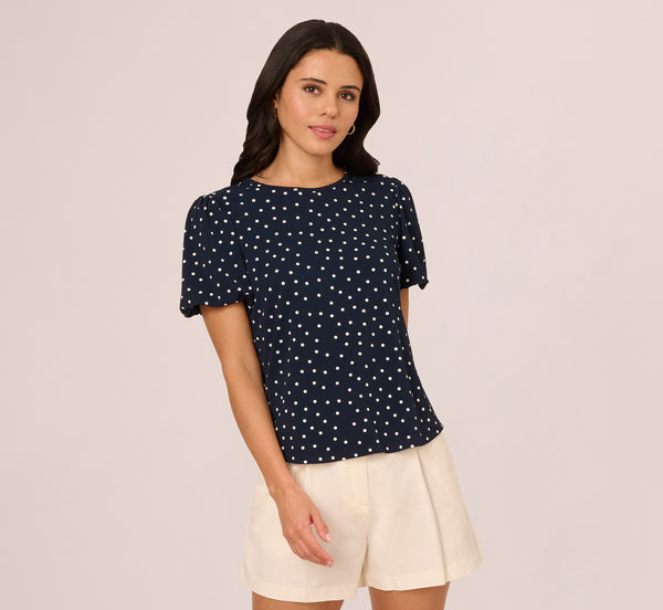 Adrianna Papell Short Bubble Sleeve Printed Top In Navy Disperse Dot