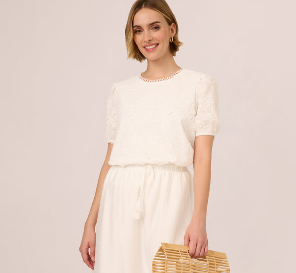 Adrianna Papell Short Sleeve 3D Eyelet Top In White