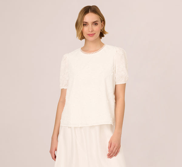 Adrianna Papell Short Sleeve 3D Eyelet Top In White