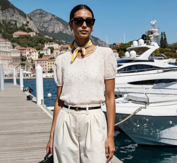 adrianna papell Short Sleeve 3D Eyelet Top In White