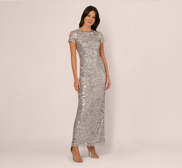 Adrianna Papell Short Sleeve Bead And Sequin Gown In Silver Mist
