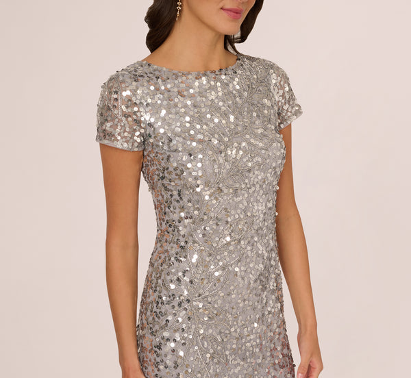 Adrianna Papell Short Sleeve Bead And Sequin Gown In Silver Mist
