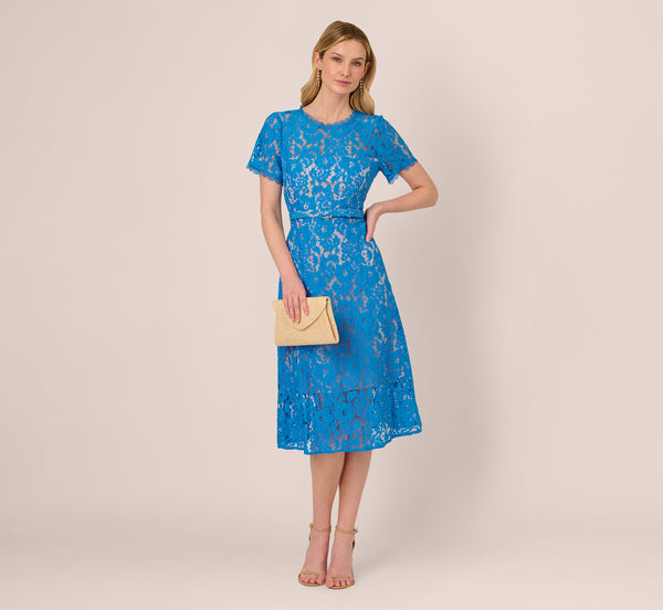 Adrianna Papell Short Sleeve Belted Lace Midi Dress In Blue Wave