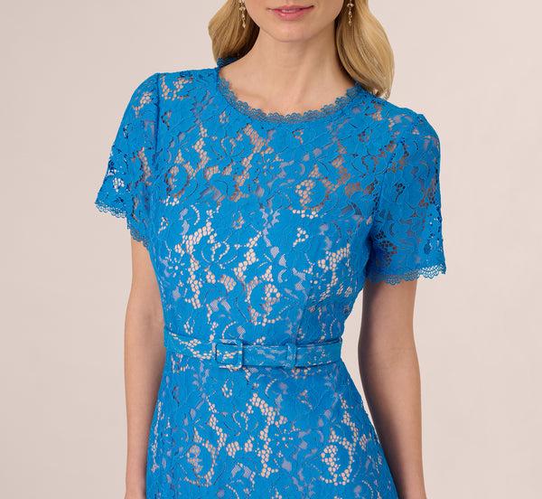 Adrianna Papell Short Sleeve Belted Lace Midi Dress In Blue Wave