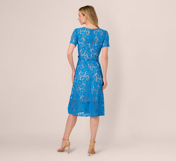 Adrianna Papell Short Sleeve Belted Lace Midi Dress In Blue Wave