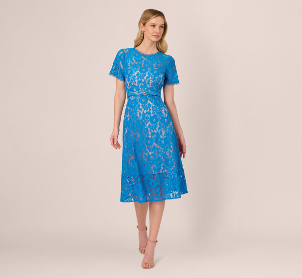 adrianna papell Short Sleeve Belted Lace Midi Dress In Blue Wave adrianna papell Short Sleeve Belted Lace Midi Dress In Blue Wave