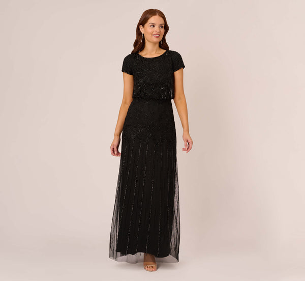 Adrianna Papell Short Sleeve Blouson Beaded Gown In Black