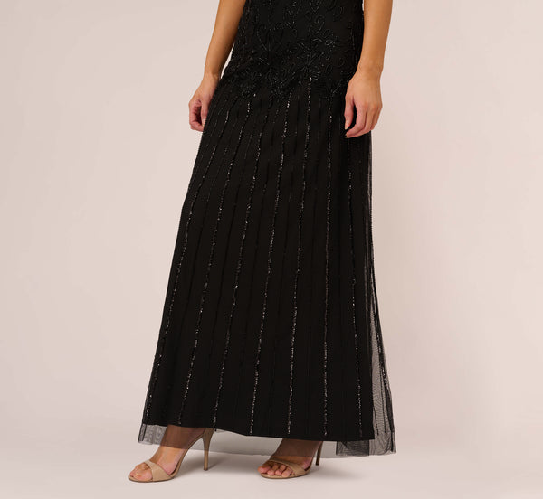 Adrianna Papell Short Sleeve Blouson Beaded Gown In Black