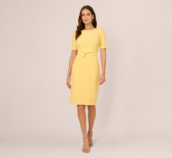Adrianna Papell Short Sleeve Bow Waist Sheath Dress In Warm Sun