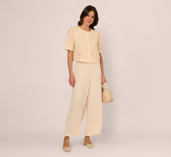 Adrianna Papell Short Sleeve Chiffon Soutache Jacket In Cannoli Cream