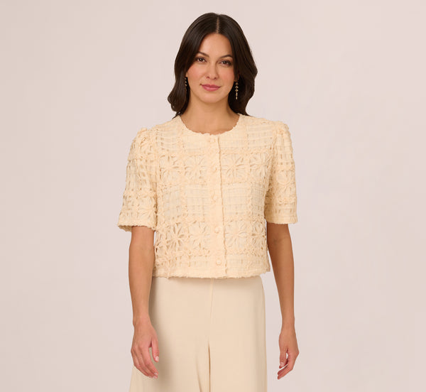 Adrianna Papell Short Sleeve Chiffon Soutache Jacket In Cannoli Cream