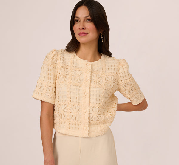 adrianna papell Short Sleeve Chiffon Soutache Jacket In Cannoli Cream