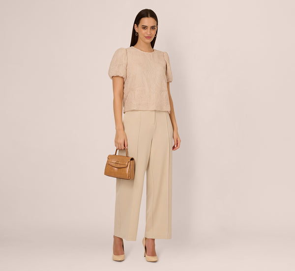 Adrianna Papell Short Sleeve Embroidered Bubble Top In Light Apricot