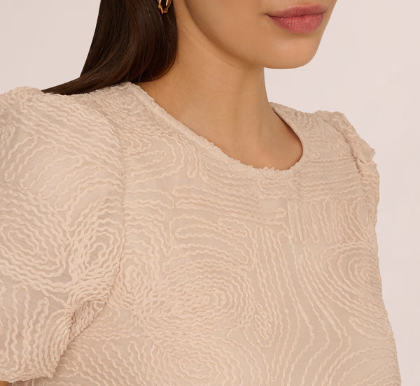 Adrianna Papell Short Sleeve Embroidered Bubble Top In Light Apricot
