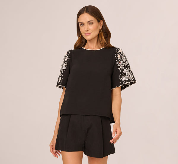 Adrianna Papell Short Sleeve Embroidered Lace Top In Black Ivory