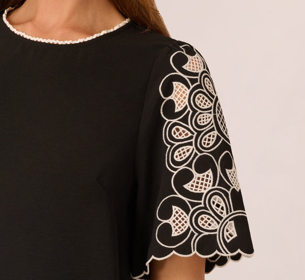 Adrianna Papell Short Sleeve Embroidered Lace Top In Black Ivory