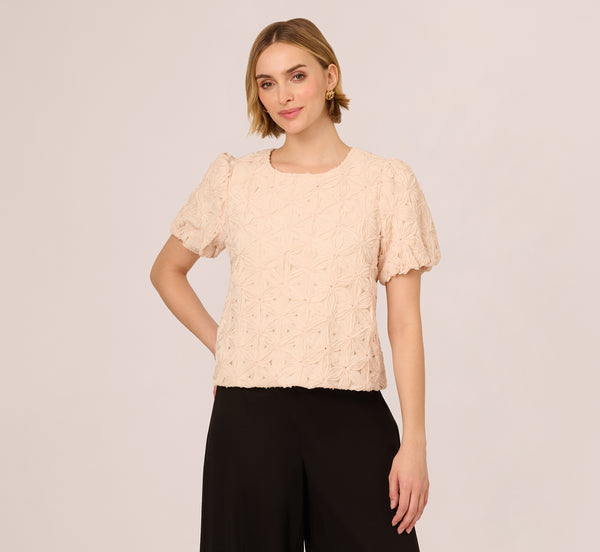 Adrianna Papell Short Sleeve Floral Crochet Texture Top In Sand Dollar