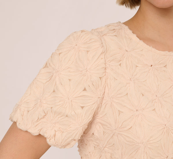 Adrianna Papell Short Sleeve Floral Crochet Texture Top In Sand Dollar