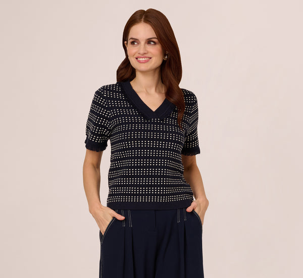 Adrianna Papell Short Sleeve Grid Knit Fringe Trim Sweater In Navy Ivory