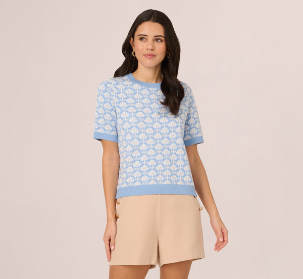 Adrianna Papell Short Sleeve Jacquard Pattern Sweater In Angelfalls