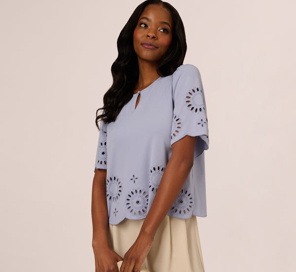 Adrianna Papell Short Sleeve Keyhole Eyelet Top In Eventide