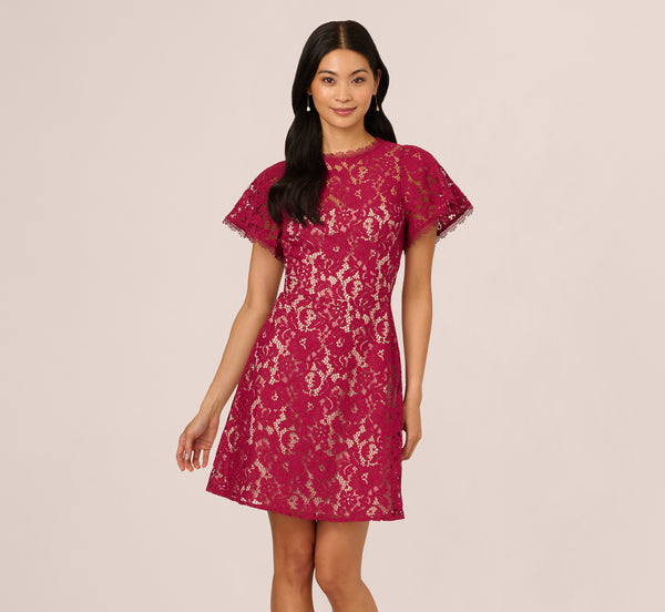 Adrianna Papell Short Sleeve Lace Illusion Short Dress In Light Wine