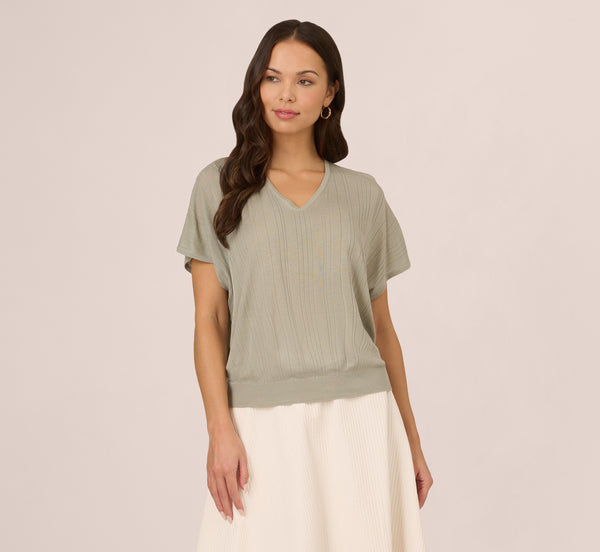 Adrianna Papell Short Sleeve Lightweight Rib Knit Sweater Top In Seafoam Mist