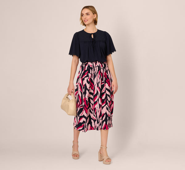 Adrianna Papell Short Sleeve Neck Tie Embroidered Yoke Top In Blue Moon